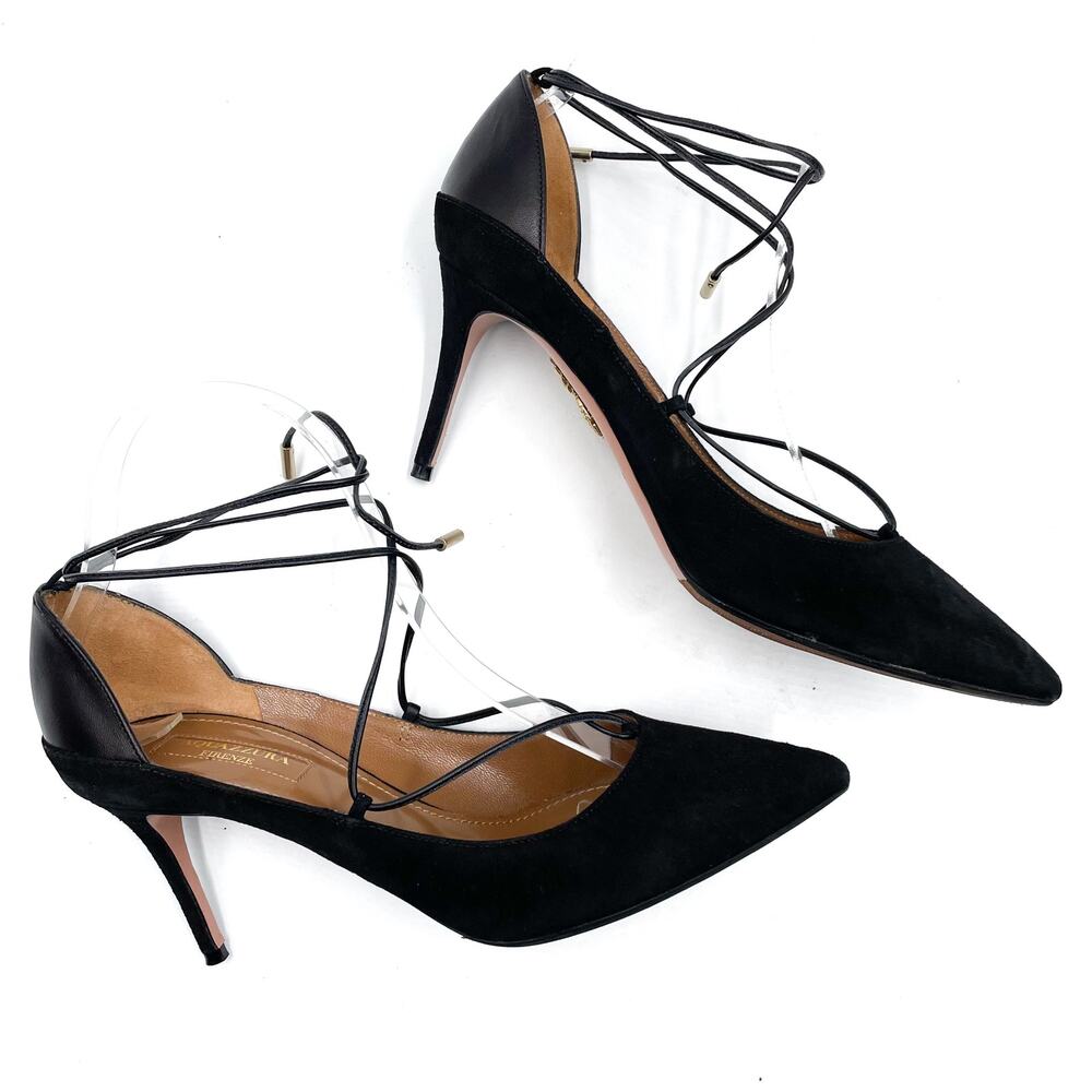 Aquazzura Fellini Pumps Black Suede Leather Trimmed Pointed Ankle Tie Sz 37 /‎ 7 - Picture 6 of 14